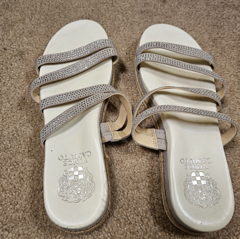 Vince Camuto Beige Multi-Strap Slide Sandals with Rhinestones Size 7.5 M/38